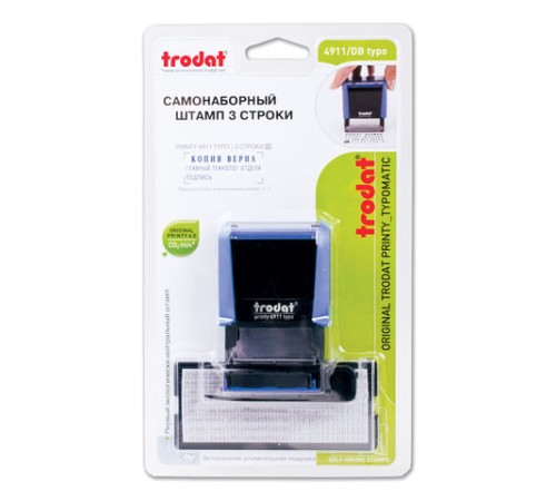Штамп самонаборный 3-строчный, оттиск 38х14 мм, синий без рамки, TRODAT 4911P4/DB, КАССА В КОМПЛЕКТЕ, 4911/DB