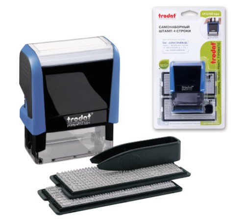 Штамп самонаборный 4-строчный, оттиск 47х18 мм, синий без рамки, TRODAT 4912P4/DB, КАССЫ В КОМПЛЕКТЕ, 4912/DB