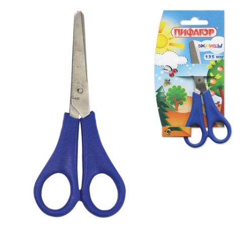 Ножницы ПИФАГОР, 135 мм, с линейкой, цвет ассорти, в картонной упаковке с европодвесом, 231163