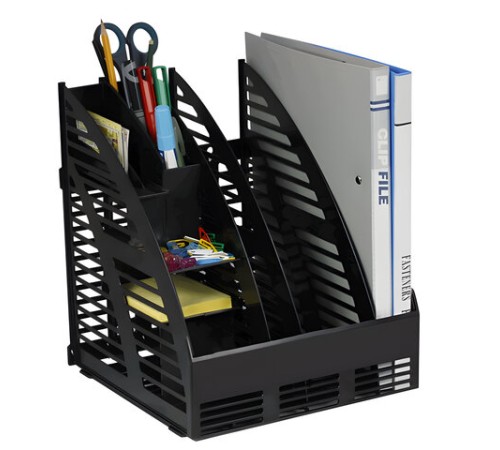 Лоток вертикальный для бумаг (240х240х300 мм), 3 отделения, сборный, с органайзером, черный, 4С143