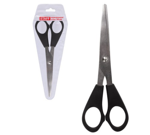 Ножницы STAFF Basic 140 мм, чёрные, ПВХ чехол с европодвесом, 235458