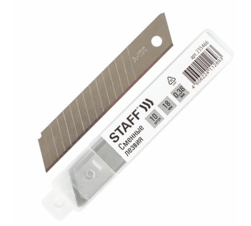 Лезвия для ножей 18 мм КОМПЛЕКТ 10 ШТ., толщина лезвия 0,38 мм, в пластиковом пенале, STAFF 