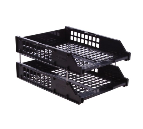 Лотки горизонтальные для бумаг, НАБОР 2 шт. (340х260х158 мм), на металлических стержнях, черные, 