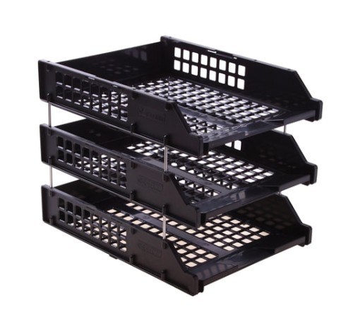 Лотки горизонтальные для бумаг, НАБОР 3 шт. (340х260х240 мм), на металлических стержнях, черные, 