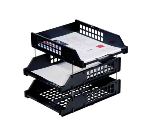 Лотки горизонтальные для бумаг, НАБОР 3 шт. (340х260х240 мм), на металлических стержнях, черные, 