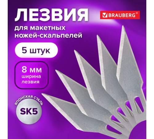 Лезвия для макетных ножей (скальпелей) 8 мм BRAUBERG, КОМПЛЕКТ 5 шт., блистер, 236636