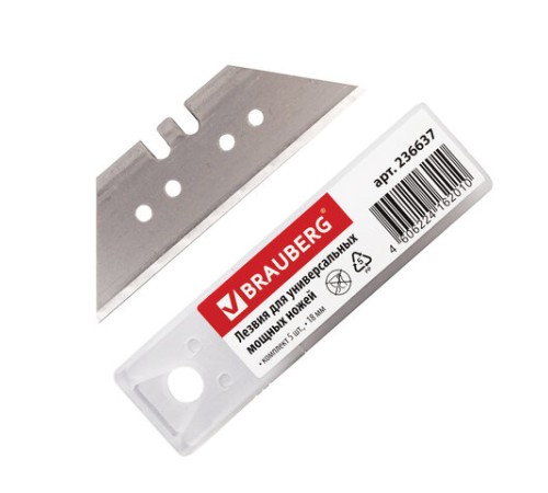 Лезвия для универсальных мощных ножей, 18 мм, BRAUBERG, КОМПЛЕКТ 5 ШТ., форма-трапеция, в пластиковом пенале, 236637