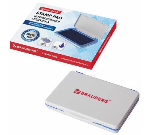 Штемпельная подушка BRAUBERG, 100х80 мм (рабочая поверхность 90х50 мм), синяя краска, 236867