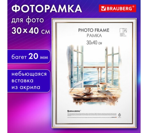 Рамка 30х40 см небьющаяся, багет 20 мм пластик, BRAUBERG "HIT3", белая с двойной позолотой, 391383 Рамка 30х40 см небьющаяся, багет 20 мм пластик, BRAUBERG "HIT3", белая с двойной позолотой, 391383
