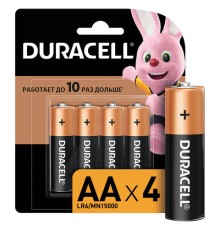 Батарейки КОМПЛЕКТ 4 шт., DURACELL Basic ОРИГИНАЛ, AA (LR6, 15А), алкалиновые, пальчиковые, MN 1500 АА LR6