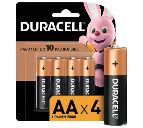 Батарейки КОМПЛЕКТ 4 шт., DURACELL Basic ОРИГИНАЛ, AA (LR6, 15А), алкалиновые, пальчиковые, MN 1500 АА LR6