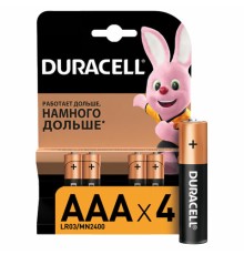 Батарейки КОМПЛЕКТ 4 шт., DURACELL Basic ОРИГИНАЛ, AAA (LR03, 24А), алкалиновые, мизинчиковые, MN 2400 AAA LR3