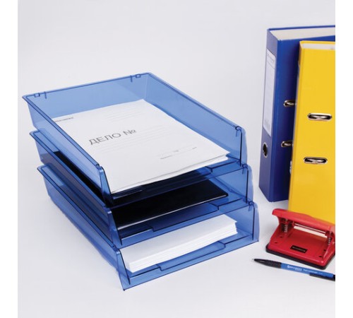 Лотки горизонтальные для бумаг, КОМПЛЕКТ 3 шт., 340х270х70 мм, тонированный синий, BRAUBERG 