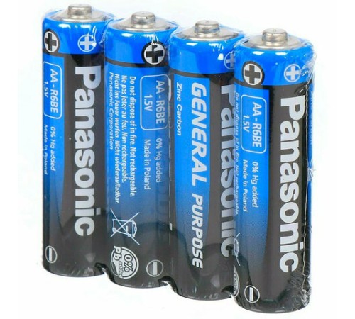 Батарейки КОМПЛЕКТ 4 шт., PANASONIC AA R6 (316), солевые, пальчиковые, в пленке, 1,5 В