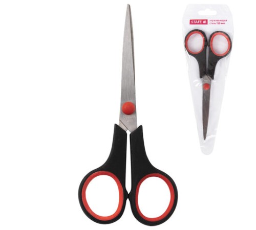 Ножницы STAFF EVERYDAY, 150 мм, бюджет, резиновые вставки, черно-красные, ПВХ чехол, 237497.