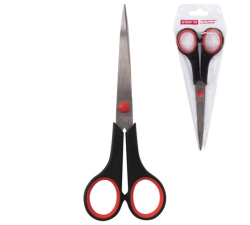 Ножницы STAFF EVERYDAY, 170 мм, бюджет, резиновые вставки, черно-красные, ПВХ чехол, 237498