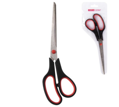 Ножницы STAFF EVERYDAY, 235 мм, бюджет, резиновые вставки, черно-красные, ПВХ чехол, 237501