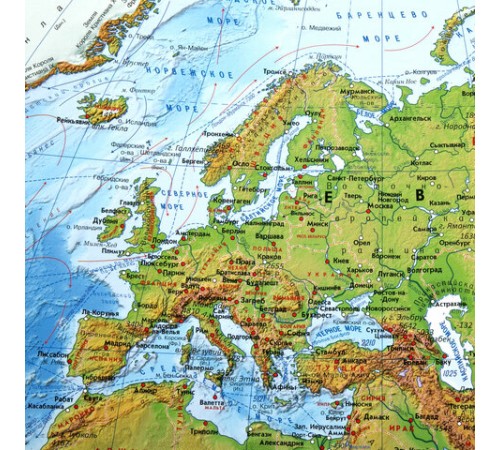 Карта мира физическая 101х66 см, 1:29М, с ламинацией, интерактивная, европодвес, BRAUBERG, 112377
