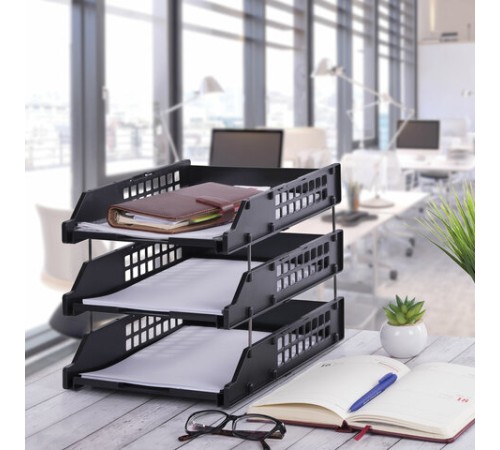 Лотки горизонтальные для бумаг, КОМПЛЕКТ 3 шт., 334х255х271 мм, черный, BRAUBERG GRAND OFFICE, 238109