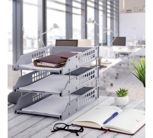 Лотки горизонтальные для бумаг, КОМПЛЕКТ 3 шт., 334х255х271 мм, серый, BRAUBERG GRAND OFFICE, 238110