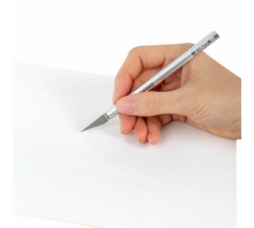 Нож макетный (скальпель) STAFF, 6 лезвий в комплекте, металлический корпус, блистер, 238258