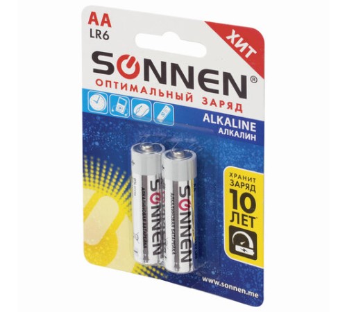 Батарейки КОМПЛЕКТ 2 шт., SONNEN Alkaline, АА (LR6, 15А), алкалиновые, пальчиковые, блистер, 451084 Батарейки КОМПЛЕКТ 2 шт., SONNEN Alkaline, АА (LR6, 15А), алкалиновые, пальчиковые, блистер, 451084