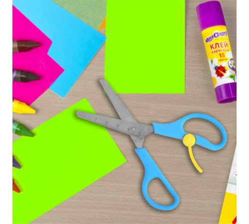 Ножницы ЮНЛАНДИЯ, 130 мм, с усилителем и линейкой, эргономичные ручки, голубые, 238344