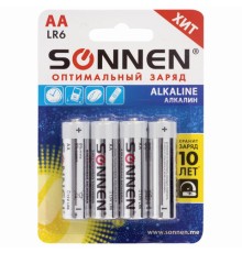 Батарейки КОМПЛЕКТ 4 шт., SONNEN Alkaline, АА (LR6, 15А), алкалиновые, пальчиковые, блистер, 451085