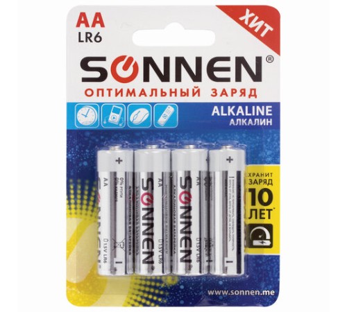 Батарейки КОМПЛЕКТ 4 шт., SONNEN Alkaline, АА (LR6, 15А), алкалиновые, пальчиковые, блистер, 451085 Батарейки КОМПЛЕКТ 4 шт., SONNEN Alkaline, АА (LR6, 15А), алкалиновые, пальчиковые, блистер, 451085