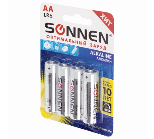 Батарейки КОМПЛЕКТ 4 шт., SONNEN Alkaline, АА (LR6, 15А), алкалиновые, пальчиковые, блистер, 451085 Батарейки КОМПЛЕКТ 4 шт., SONNEN Alkaline, АА (LR6, 15А), алкалиновые, пальчиковые, блистер, 451085