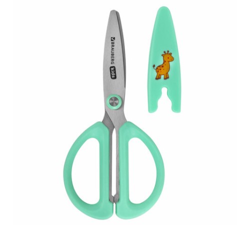 Ножницы 137 мм, резиновые рукоятки, пастельный мятный, чехол на лезвии, BRAUBERG KIDS, 238354