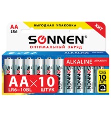 Батарейки КОМПЛЕКТ 10 шт., SONNEN Alkaline, АА (LR6, 15А), алкалиновые, пальчиковые, короб, 451086