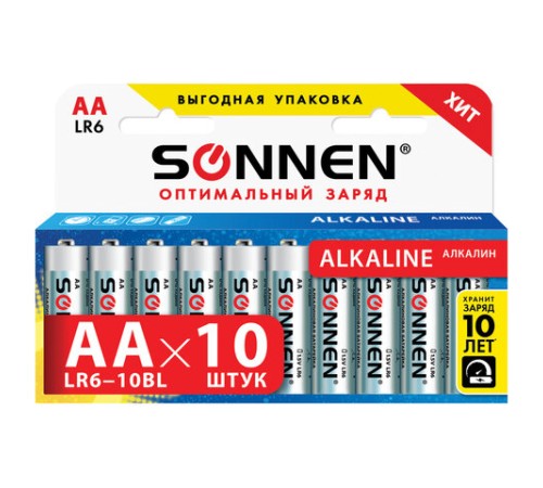 Батарейки КОМПЛЕКТ 10 шт., SONNEN Alkaline, АА (LR6, 15А), алкалиновые, пальчиковые, короб, 451086 Батарейки КОМПЛЕКТ 10 шт., SONNEN Alkaline, АА (LR6, 15А), алкалиновые, пальчиковые, короб, 451086