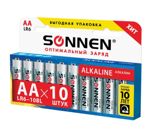 Батарейки КОМПЛЕКТ 10 шт., SONNEN Alkaline, АА (LR6, 15А), алкалиновые, пальчиковые, короб, 451086 Батарейки КОМПЛЕКТ 10 шт., SONNEN Alkaline, АА (LR6, 15А), алкалиновые, пальчиковые, короб, 451086