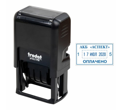 Датер со свободным полем, оттиск 41 х 24 мм, синий, TRODAT 4750 PRINTY 4.0, корпус черный, 141304