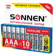 Батарейки КОМПЛЕКТ 10 шт, SONNEN Alkaline, AAA (LR03, 24А), алкалиновые, мизинчиковые, в коробке, 451089