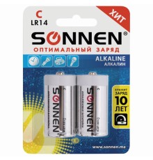 Батарейки КОМПЛЕКТ 2 шт., SONNEN Alkaline, С (LR14, 14А), алкалиновые, блистер, 451090