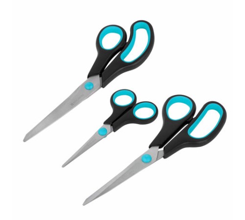 Ножницы BRAUBERG SOFT GRIP, НАБОР 3 штуки (140, 190, 230 мм), эргономичные черно-бирюзовые ручки, ВЫГОДНАЯ УПАКОВКА, 238411