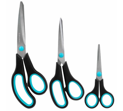 Ножницы BRAUBERG SOFT GRIP, НАБОР 3 штуки (140, 190, 230 мм), эргономичные черно-бирюзовые ручки, ВЫГОДНАЯ УПАКОВКА, 238411