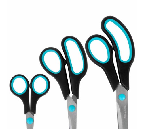 Ножницы BRAUBERG SOFT GRIP, НАБОР 3 штуки (140, 190, 230 мм), эргономичные черно-бирюзовые ручки, ВЫГОДНАЯ УПАКОВКА, 238411