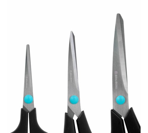 Ножницы BRAUBERG SOFT GRIP, НАБОР 3 штуки (140, 190, 230 мм), эргономичные черно-бирюзовые ручки, ВЫГОДНАЯ УПАКОВКА, 238411