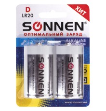 Батарейки КОМПЛЕКТ 2 шт, SONNEN Alkaline, D (LR20, 13А), алкалиновые, в блистере, 451091