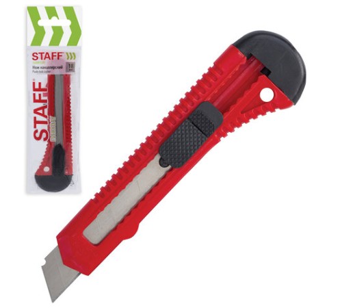 Нож канцелярский 18 мм STAFF EVERYDAY, фиксатор, красный матовый корпус, упаковка с подвесом, 238768