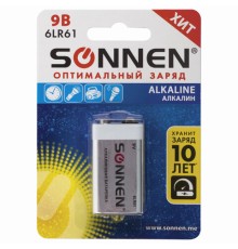 Батарейка SONNEN Alkaline, Крона (6LR61, 6LF22, 1604A), алкалиновая, 1 шт., блистер, 451092