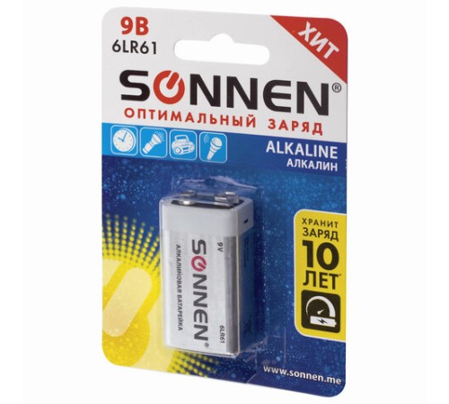 Батарейка SONNEN Alkaline, Крона (6LR61, 6LF22, 1604A), алкалиновая, 1 шт., блистер, 451092 Батарейка SONNEN Alkaline, Крона (6LR61, 6LF22, 1604A), алкалиновая, 1 шт., блистер, 451092