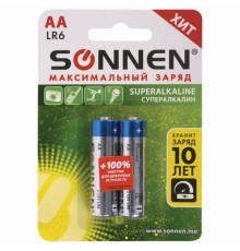 Батарейки КОМПЛЕКТ 2 шт., SONNEN Super Alkaline, АА(LR6,15А), алкалиновые, пальчиковые, в блистере, 451093