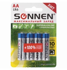 Батарейки КОМПЛЕКТ 4 шт., SONNEN Super Alkaline, АА (LR6,15А), алкалиновые, пальчиковые, блистер, 451094