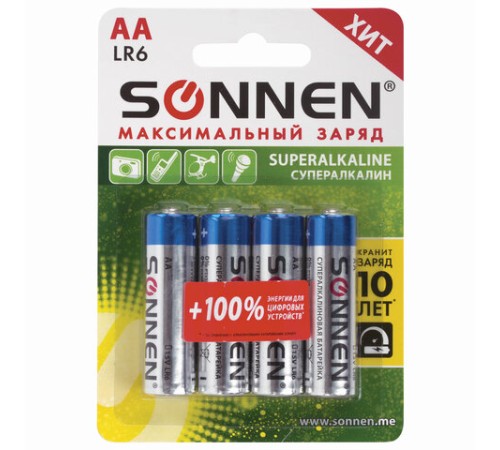 Батарейки КОМПЛЕКТ 4 шт., SONNEN Super Alkaline, АА (LR6,15А), алкалиновые, пальчиковые, блистер, 451094 Батарейки КОМПЛЕКТ 4 шт., SONNEN Super Alkaline, АА (LR6,15А), алкалиновые, пальчиковые, блистер, 451094