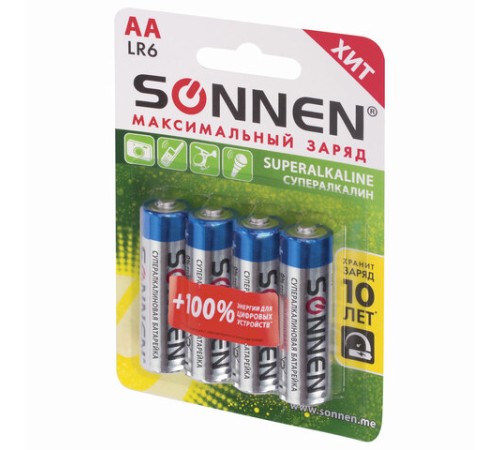 Батарейки КОМПЛЕКТ 4 шт., SONNEN Super Alkaline, АА (LR6,15А), алкалиновые, пальчиковые, блистер, 451094 Батарейки КОМПЛЕКТ 4 шт., SONNEN Super Alkaline, АА (LR6,15А), алкалиновые, пальчиковые, блистер, 451094