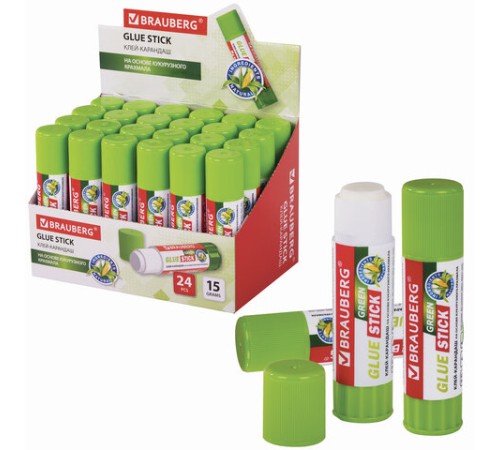 Клей-карандаш на натуральной основе BRAUBERG GREEN, 15 г, 270437